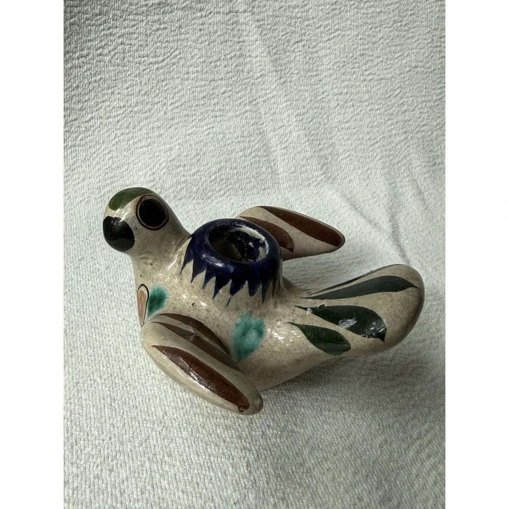 Mexican Tonala Pottery Bird Candle Holder Folk Art Figurine Hand Painted VTG  4